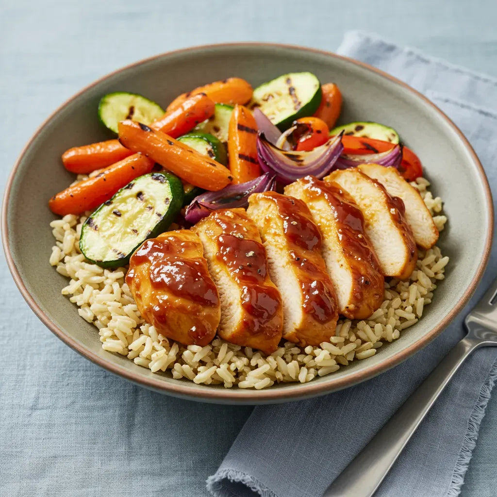BBQ Chicken Breast + Brown Rice + Corn Soup + Okra + Banana