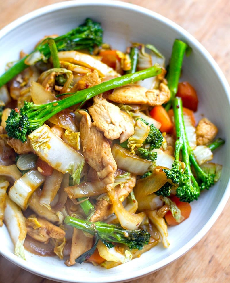 Stir-Fried Chicken with Vegetables + Brown Rice + Bean Soup + Cabbage + Pear