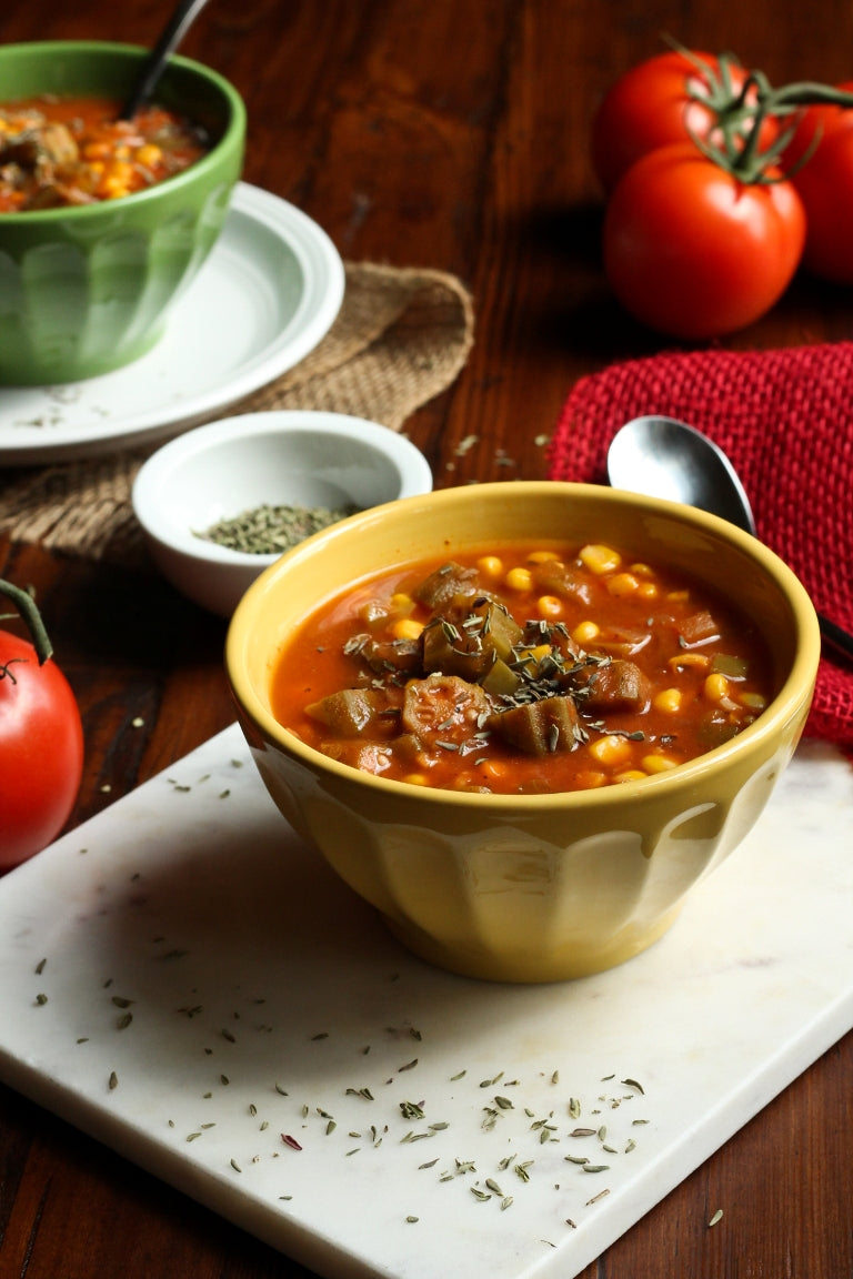 BBQ Chicken Breast + Brown Rice + Corn Soup + Okra + Banana