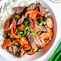 Stir-Fried Beef with Bell Peppers + White Rice + Boiled Egg + Pear