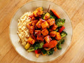 Fried Tofu with Tamarind Sauce + Brown Rice + Boiled Vegetables + Small Apple