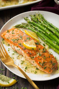 Seared Salmon + Asparagus + Mustard Greens Soup (No Carbs) + ½ Avocado or Raspberries